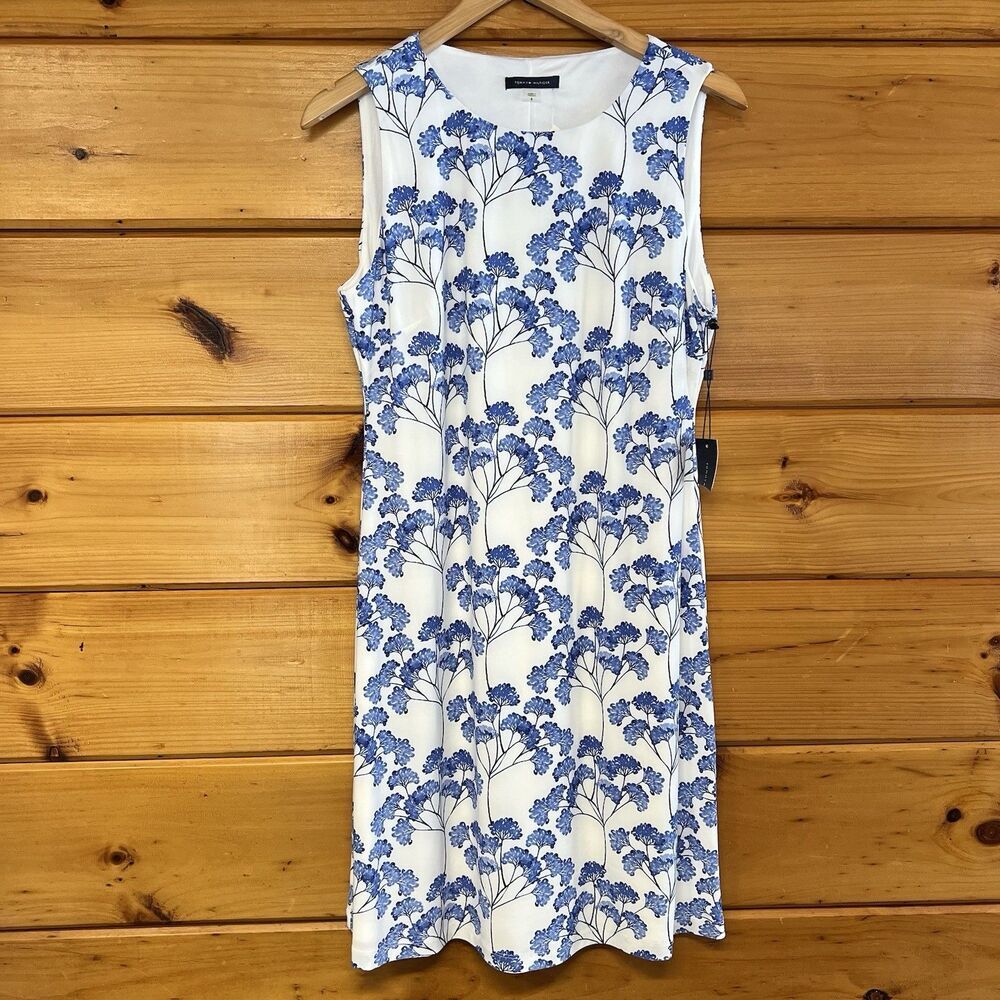 Delicate Tommy Hilfiger White Blue FLORAL Sleeveless A-LINE MIDI Dress SIZE 8